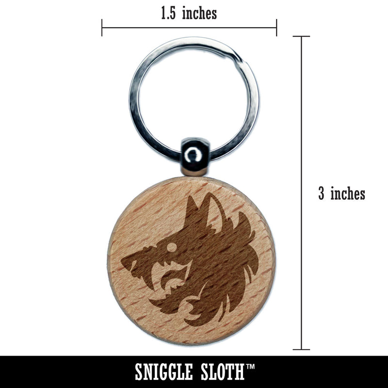 Fierce Wolf Head Emblem Engraved Wood Round Keychain Tag Charm