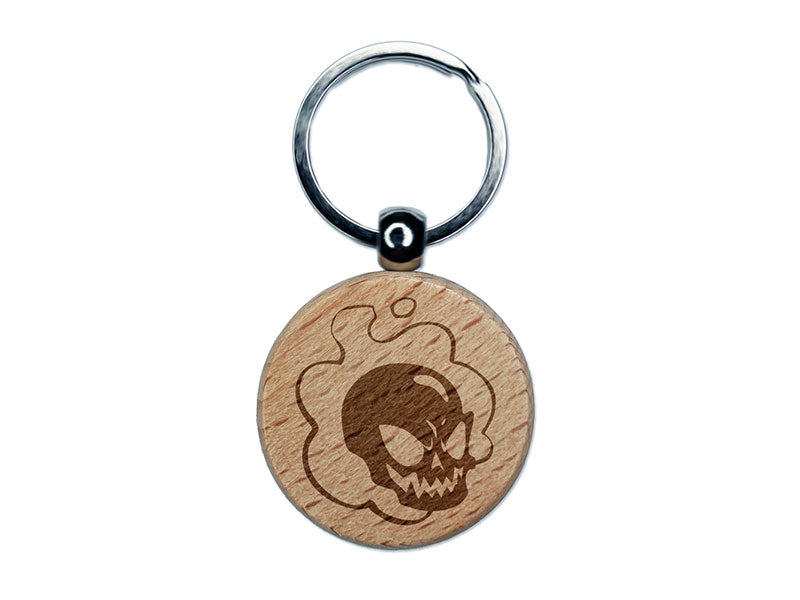 Flaming Cartoon Ghost Skull Bone Monster Spirit Apparition Engraved Wood Round Keychain Tag Charm