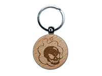 Flaming Cartoon Ghost Skull Bone Monster Spirit Apparition Engraved Wood Round Keychain Tag Charm