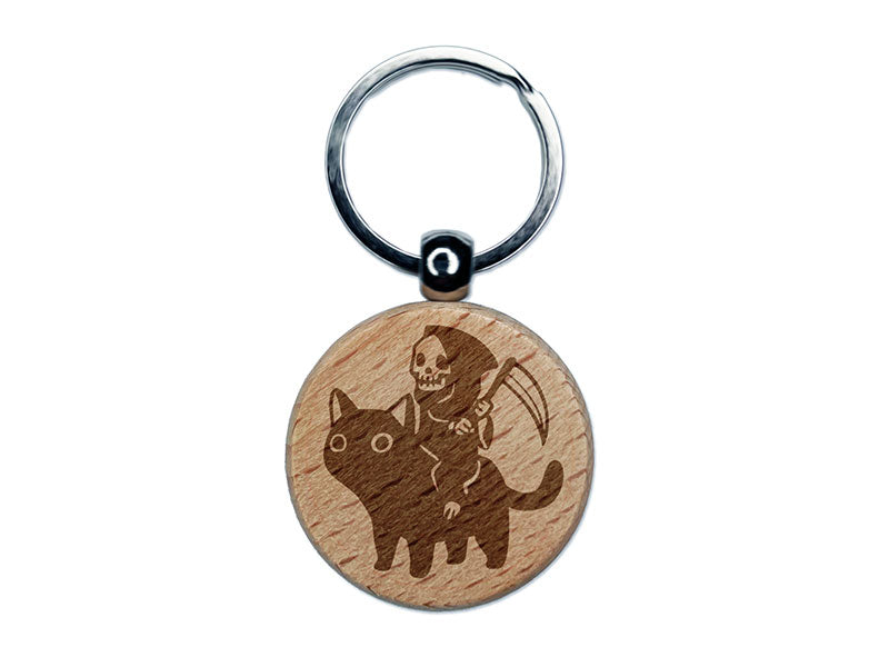 Gleeful Grim Reaper Death Riding On Black Cat Engraved Wood Round Keychain Tag Charm