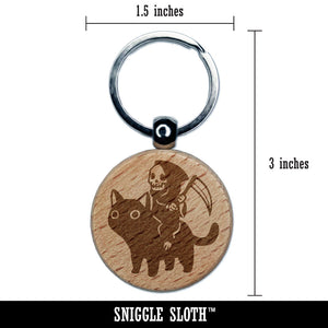 Gleeful Grim Reaper Death Riding On Black Cat Engraved Wood Round Keychain Tag Charm
