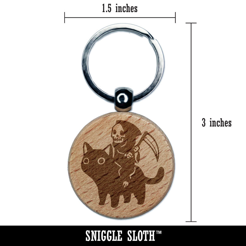 Gleeful Grim Reaper Death Riding On Black Cat Engraved Wood Round Keychain Tag Charm
