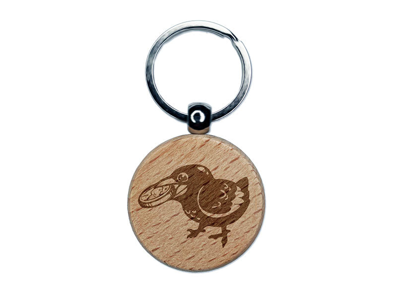 Happy Excited Crow With Treasure Coin Engraved Wood Round Keychain Tag Charm
