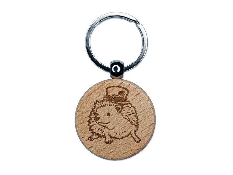 Hedgehog with Leprechaun Hat Saint Patricks Day Engraved Wood Round Keychain Tag Charm