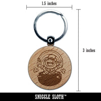 Joyful Leprechaun with Pot of Gold and Rainbow Engraved Wood Round Keychain Tag Charm