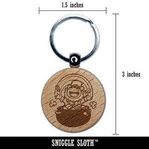 Joyful Leprechaun with Pot of Gold and Rainbow Engraved Wood Round Keychain Tag Charm