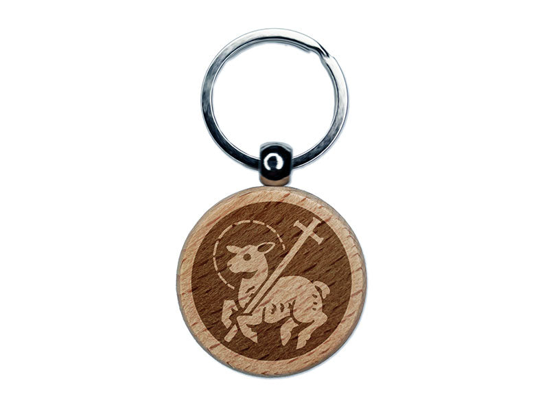 Lamb of God Christian Jesus Cross Engraved Wood Round Keychain Tag Charm