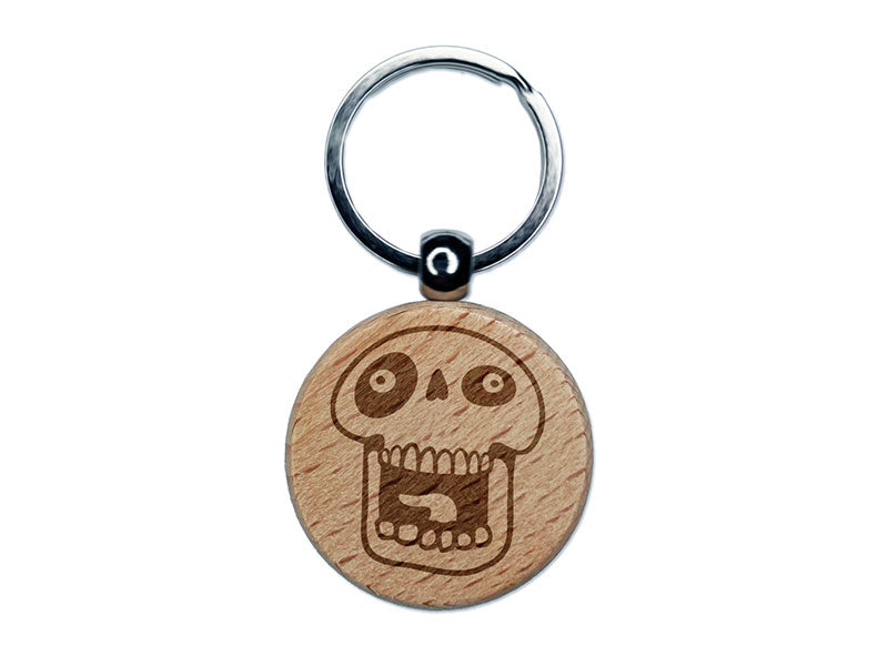 Laughing Silly Cartoon Skull Bones Character Engraved Wood Round Keychain Tag Charm