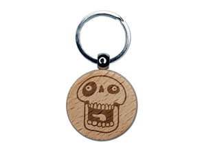 Laughing Silly Cartoon Skull Bones Character Engraved Wood Round Keychain Tag Charm