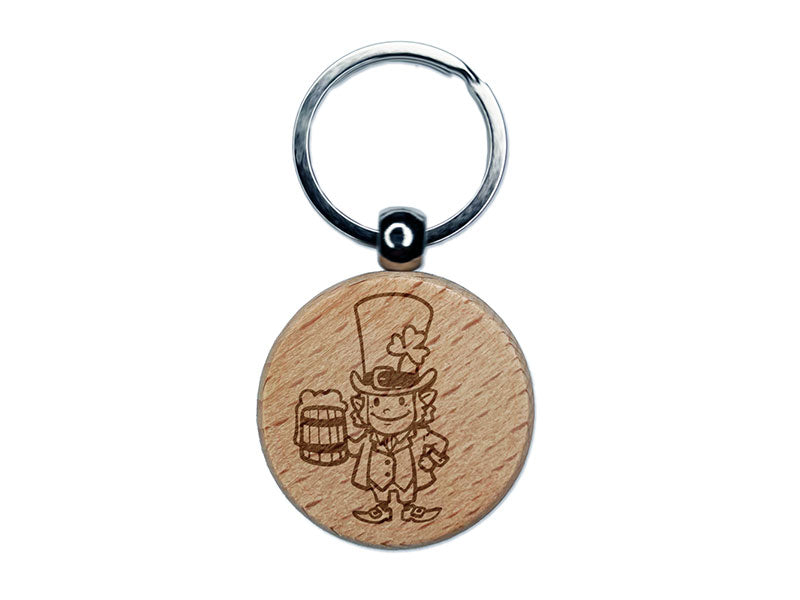 Leprechaun with Big Hat and Mug of Beer Saint Patricks Day Engraved Wood Round Keychain Tag Charm