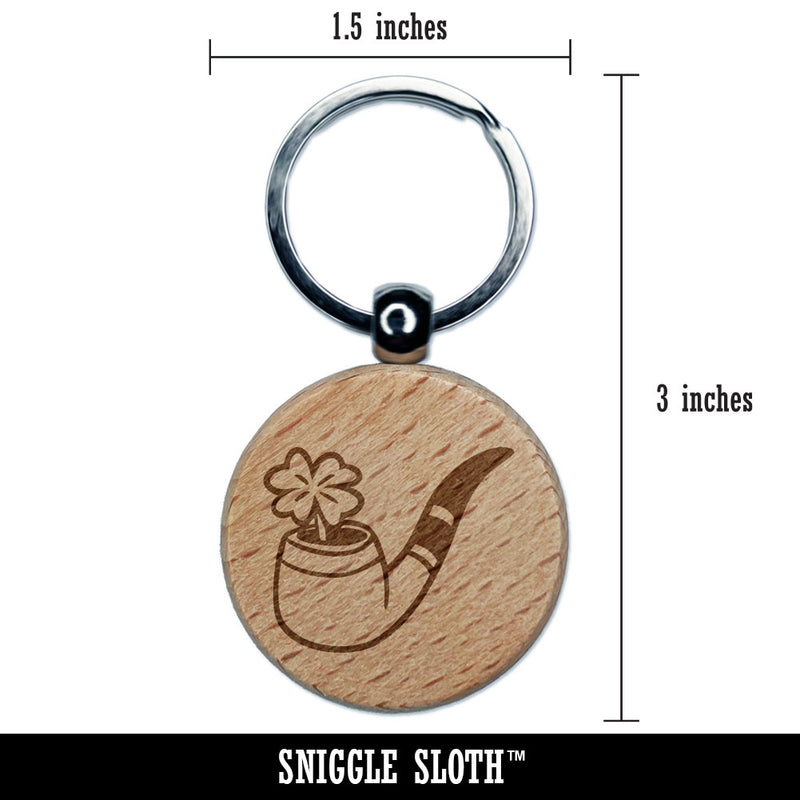 Leprechaun Pipe Shamrock Four Leaf Clover Engraved Wood Round Keychain Tag Charm