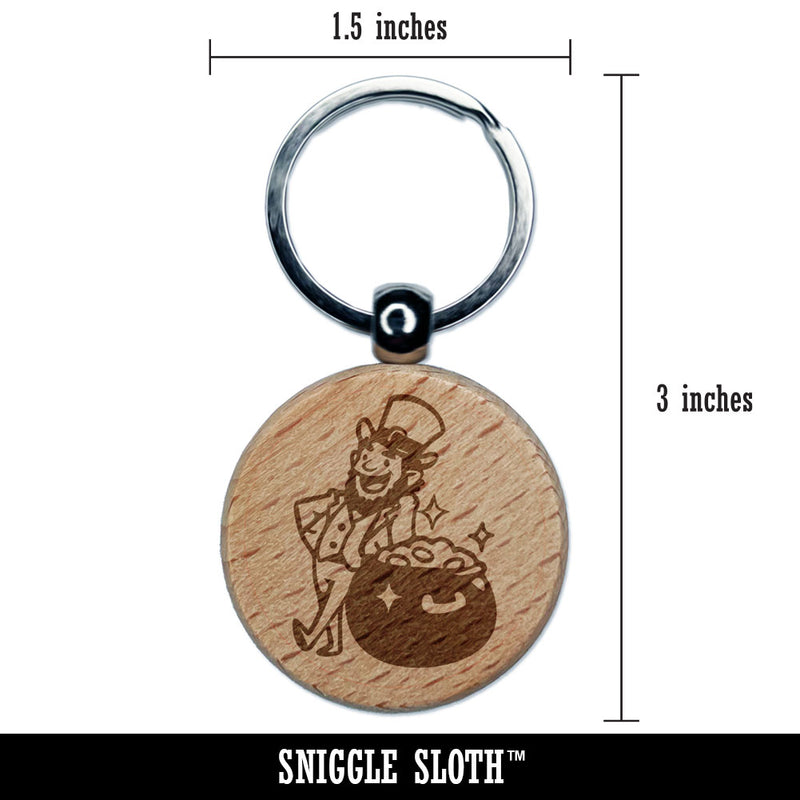 Leprechaun with Pot of Gold Saint Patricks Day Engraved Wood Round Keychain Tag Charm
