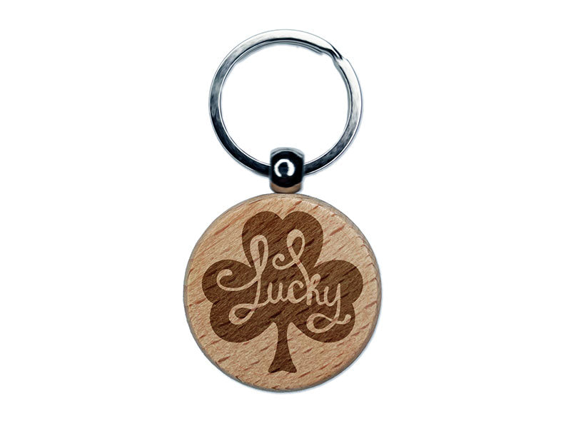 Lucky Cursive Shamrock Four Leaf Clover Engraved Wood Round Keychain Tag Charm