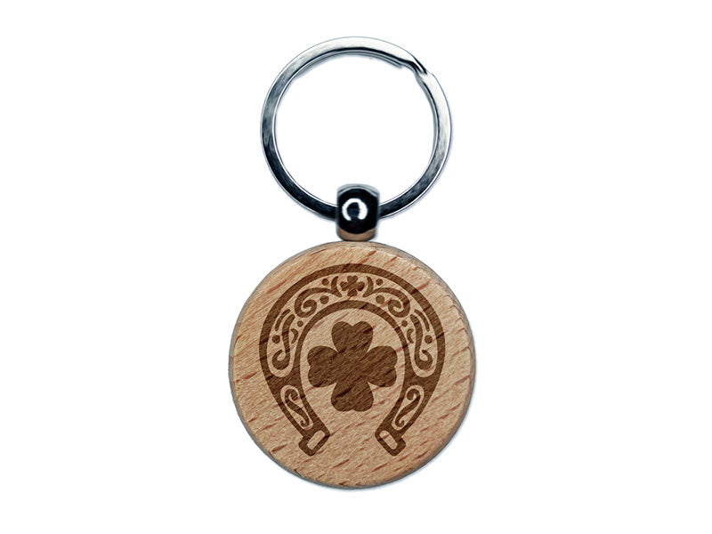 Lucky Horseshoe Shamrock Four Leaf Clover Engraved Wood Round Keychain Tag Charm