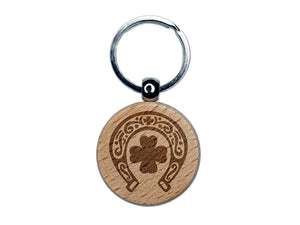 Lucky Horseshoe Shamrock Four Leaf Clover Engraved Wood Round Keychain Tag Charm