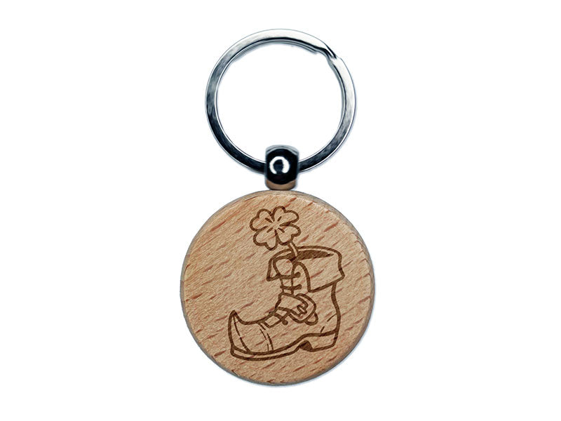 Lucky Leprechaun Boot with Shamrock Clover Saint Patricks Day Engraved Wood Round Keychain Tag Charm