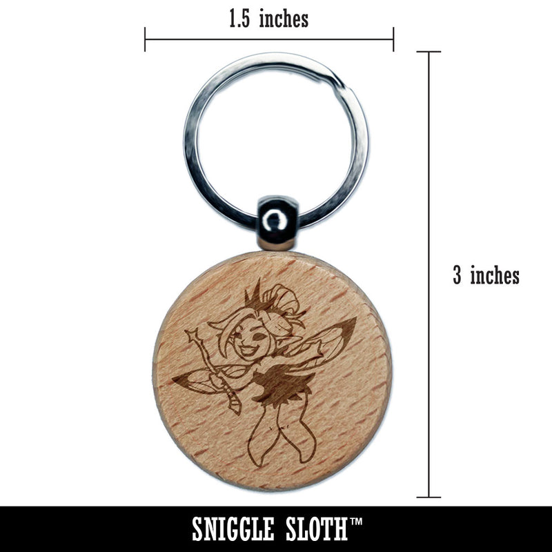 Mischievous Fairy Pixie Sprite Fae Engraved Wood Round Keychain Tag Charm