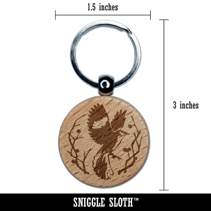 Mockingbird Flying Branches Twigs Bird Emblem Engraved Wood Round Keychain Tag Charm