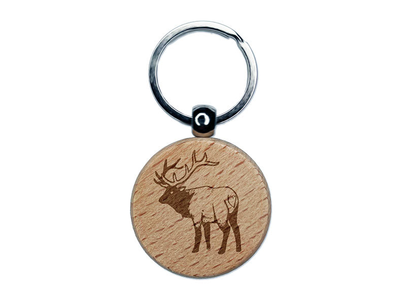 Ominous Elk Wapiti Deer Looking Back Engraved Wood Round Keychain Tag Charm