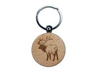 Ominous Elk Wapiti Deer Looking Back Engraved Wood Round Keychain Tag Charm