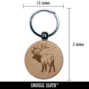 Ominous Elk Wapiti Deer Looking Back Engraved Wood Round Keychain Tag Charm