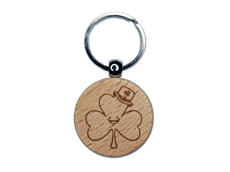 Shamrock Clover with Leprechaun Hat Saint Patricks Day Engraved Wood Round Keychain Tag Charm