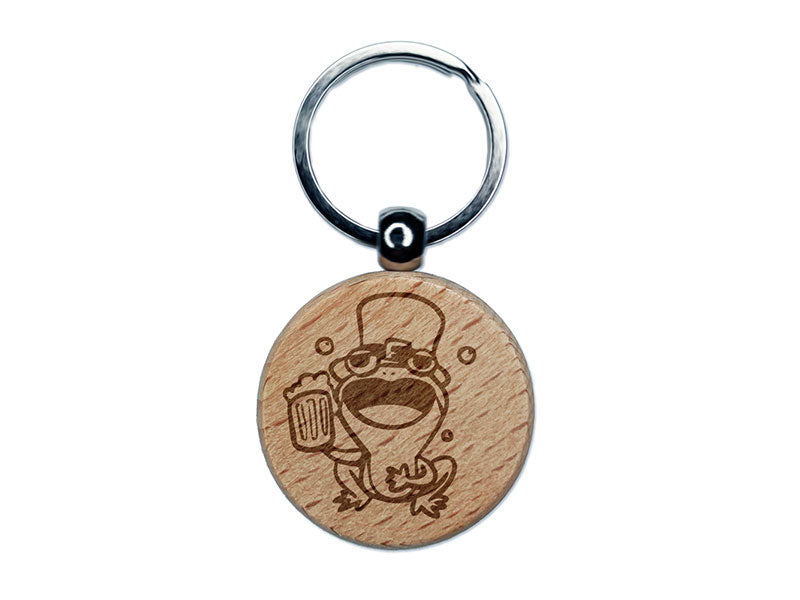 Singing Beer Frog Leprechaun Hat Saint Patricks Day Engraved Wood Round Keychain Tag Charm
