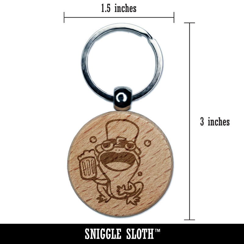 Singing Beer Frog Leprechaun Hat Saint Patricks Day Engraved Wood Round Keychain Tag Charm