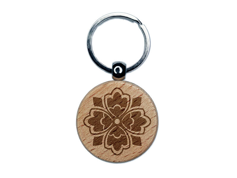 Stylish Modern Flower Floral Plant Engraved Wood Round Keychain Tag Charm