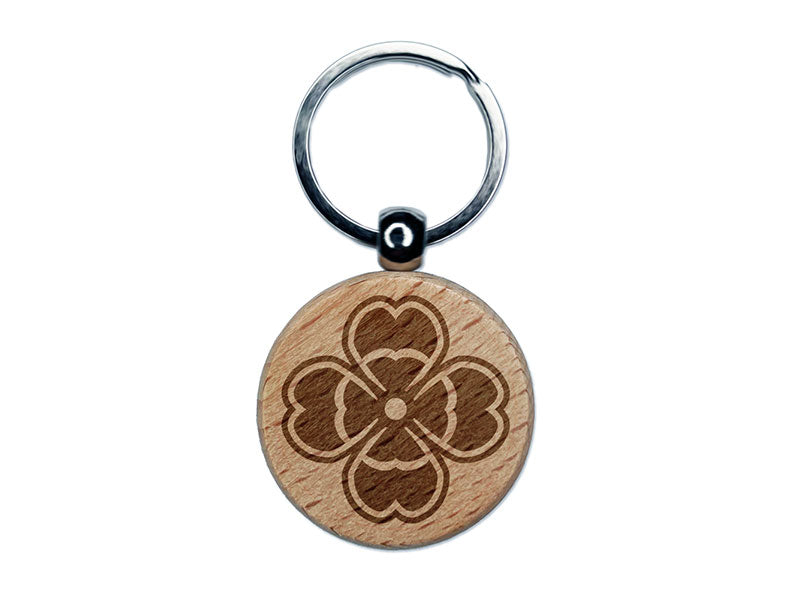 Stylish Modern Four Leaf Clover Shamrock Floral Flower Engraved Wood Round Keychain Tag Charm
