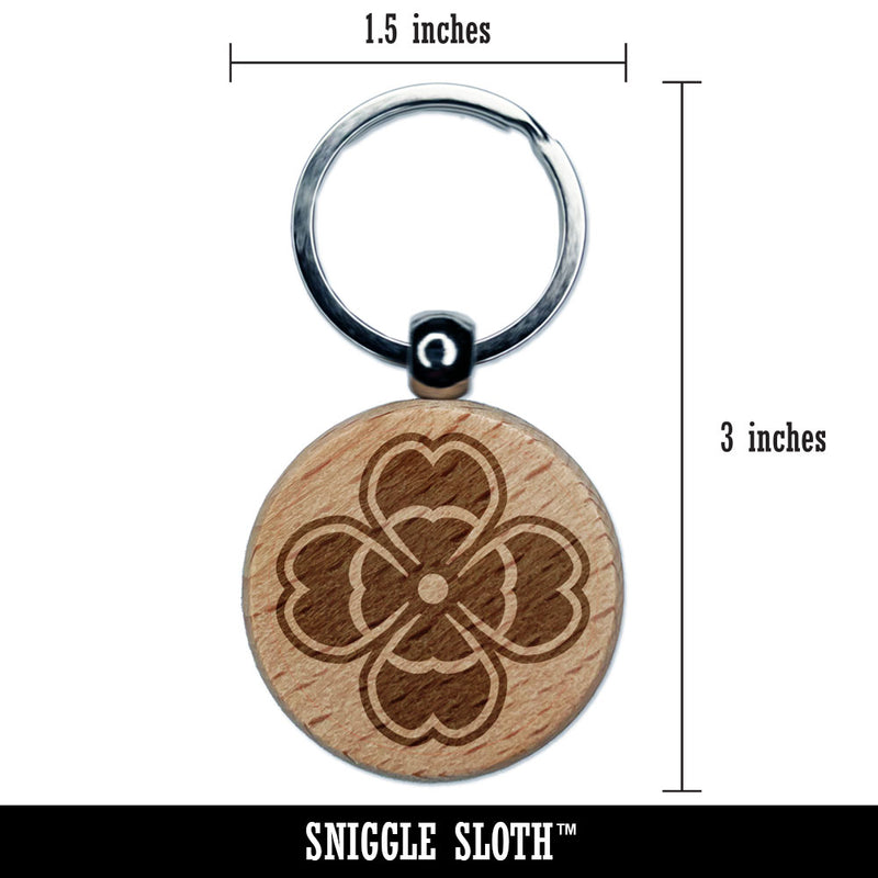Stylish Modern Four Leaf Clover Shamrock Floral Flower Engraved Wood Round Keychain Tag Charm
