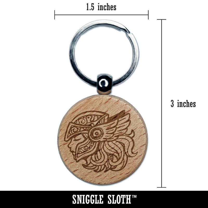 Valkyrie Female Viking Warrior Knight Winged Helmet Engraved Wood Round Keychain Tag Charm