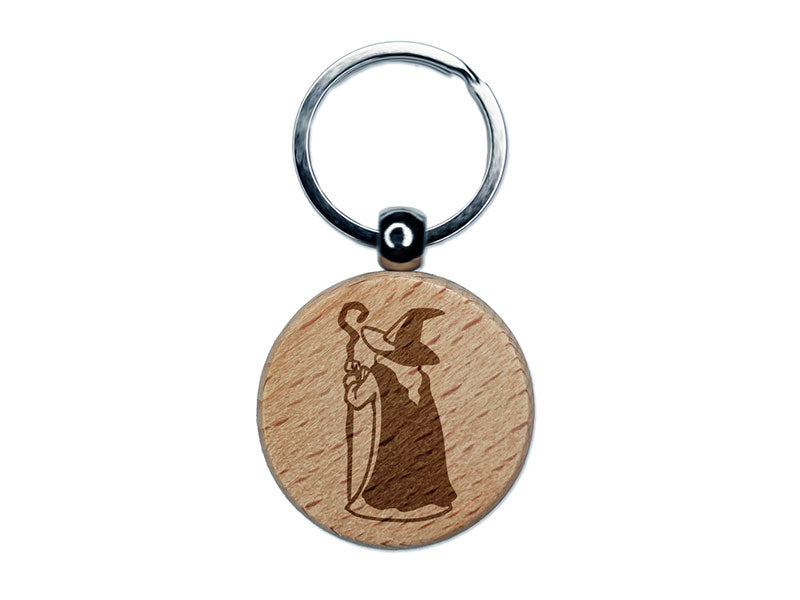 Wise Old Wizard Back Looking Away Mage Sorcerer Engraved Wood Round Keychain Tag Charm