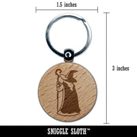 Wise Old Wizard Back Looking Away Mage Sorcerer Engraved Wood Round Keychain Tag Charm