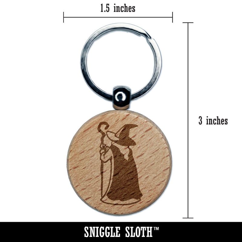 Wise Old Wizard Back Looking Away Mage Sorcerer Engraved Wood Round Keychain Tag Charm