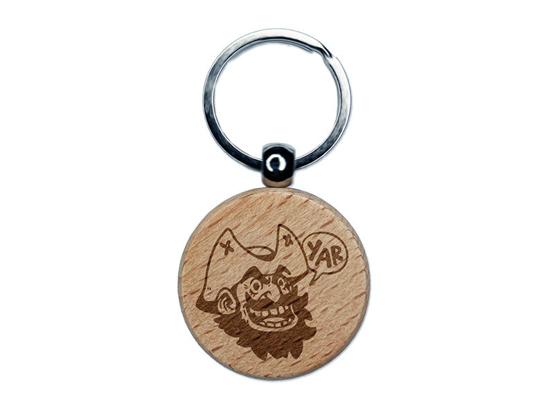 Yar Pirate Head Hat Agreeing Speech Bubble Engraved Wood Round Keychain Tag Charm