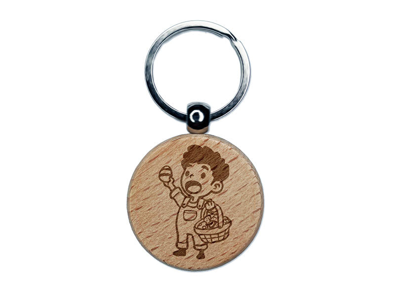 Boy with Basket Finding Easter Egg Hunt Engraved Wood Round Keychain Tag Charm