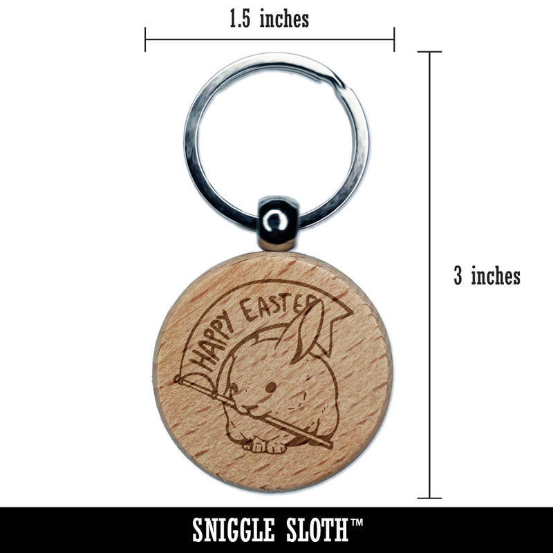 Bunny Rabbit with Happy Easter Flag Engraved Wood Round Keychain Tag Charm