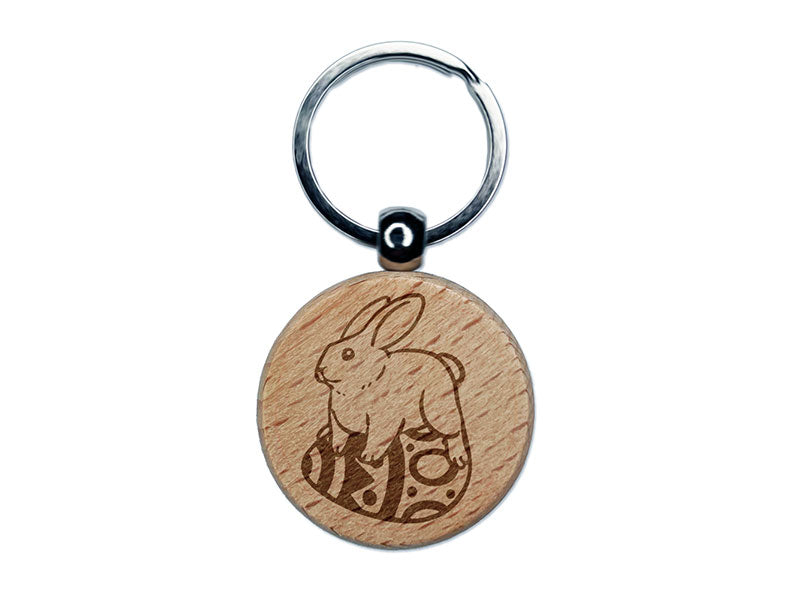 Easter Bunny Rabbit on Egg Spring Engraved Wood Round Keychain Tag Charm