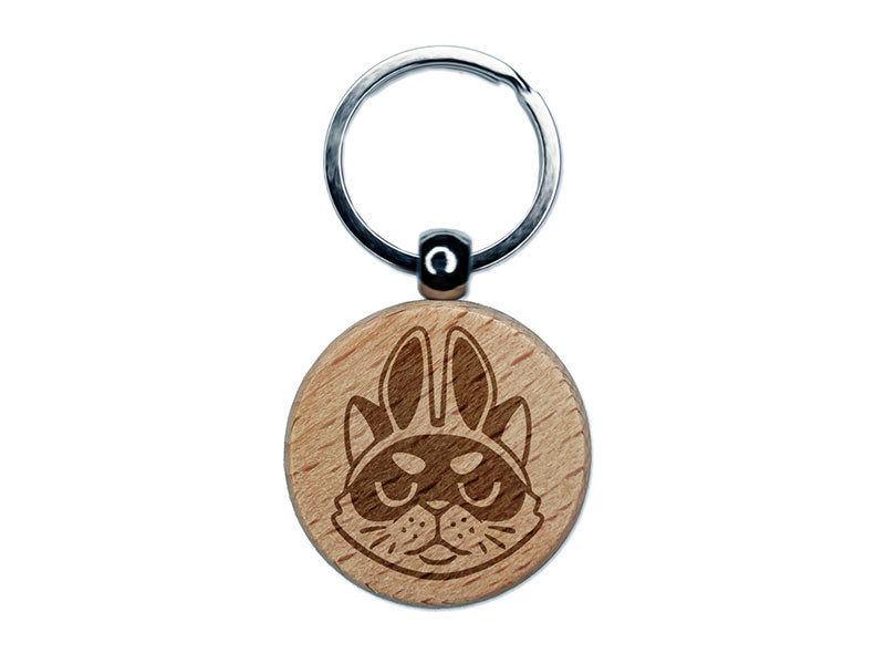 Easter Cat with Bunny Ears Spring Engraved Wood Round Keychain Tag Charm