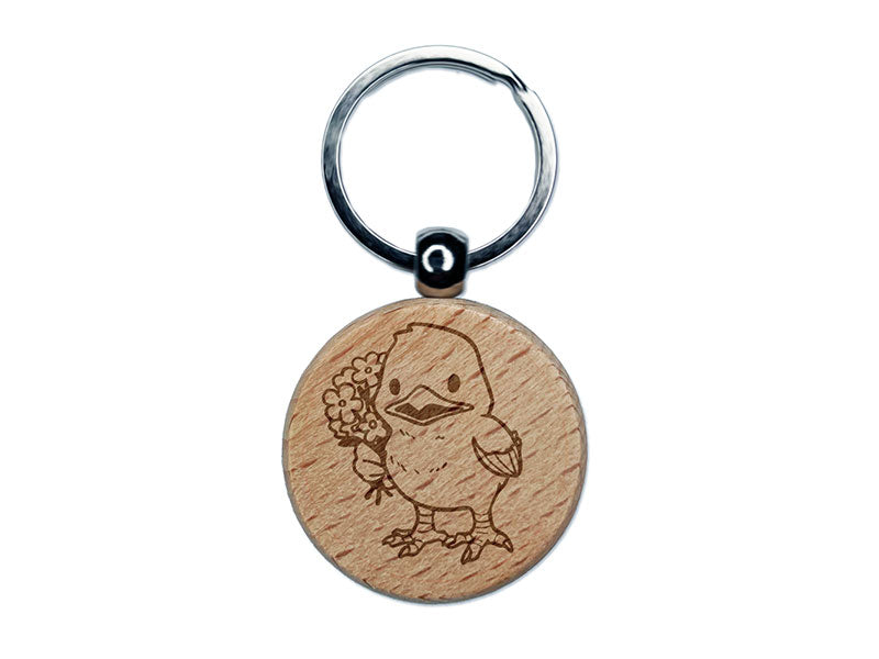 Easter Chicken Chick With Bouquet of Flowers Engraved Wood Round Keychain Tag Charm