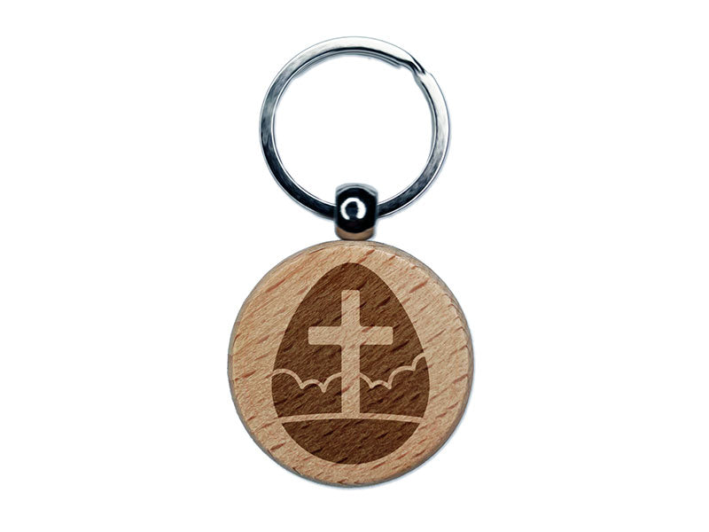 Easter Egg Christian Cross Cloudy Sky Engraved Wood Round Keychain Tag Charm