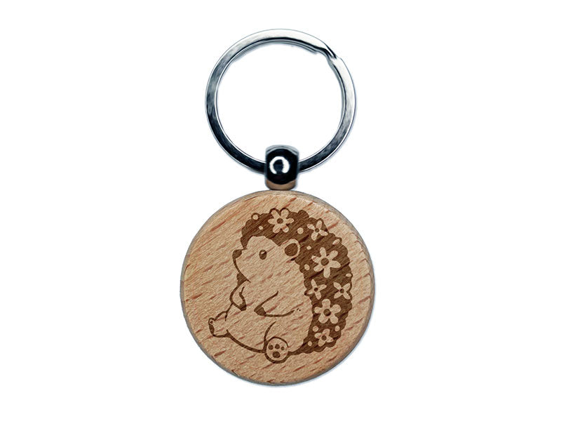 Easter Hedgehog with Flowers in Hair Engraved Wood Round Keychain Tag Charm
