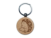 Easter Hedgehog with Flowers in Hair Engraved Wood Round Keychain Tag Charm