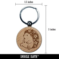 Easter Hedgehog with Flowers in Hair Engraved Wood Round Keychain Tag Charm