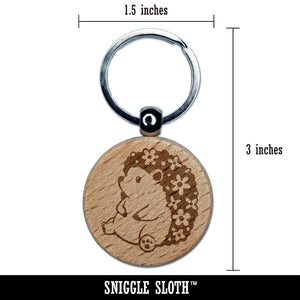 Easter Hedgehog with Flowers in Hair Engraved Wood Round Keychain Tag Charm