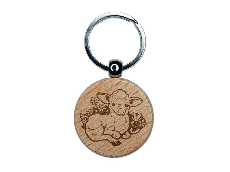 Easter Lamb Sitting In Grass and Flowers Engraved Wood Round Keychain Tag Charm