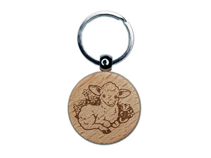Easter Lamb Sitting In Grass and Flowers Engraved Wood Round Keychain Tag Charm