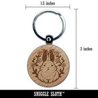 Floral Bunny Rabbit Emblem Easter Engraved Wood Round Keychain Tag Charm