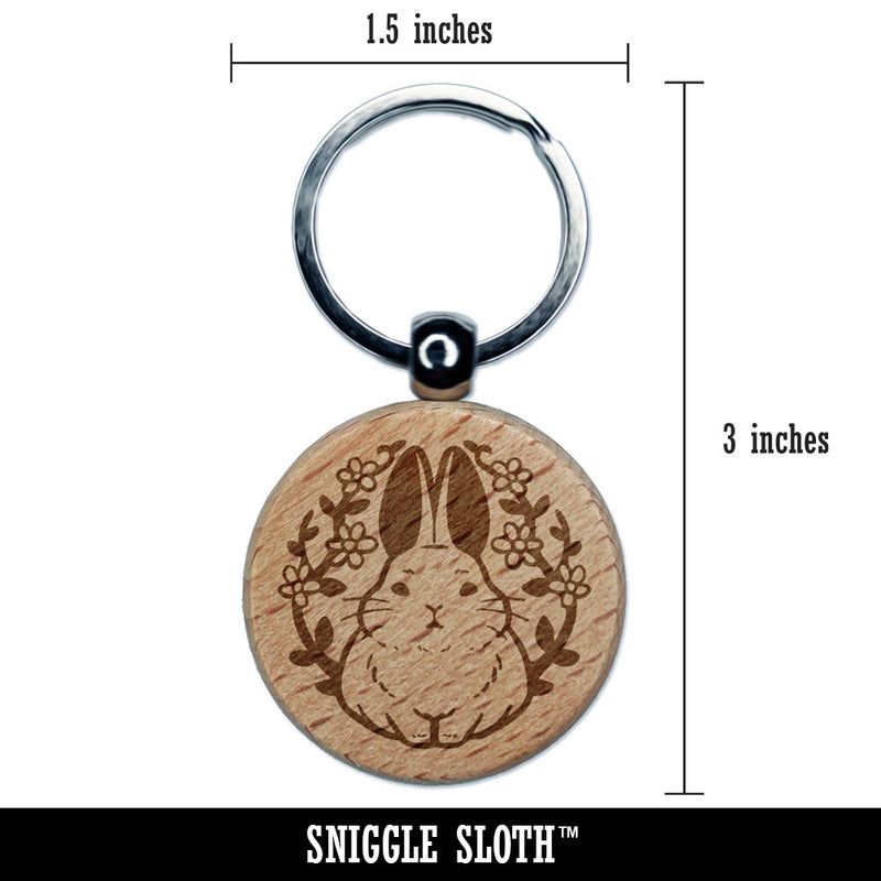 Floral Bunny Rabbit Emblem Easter Engraved Wood Round Keychain Tag Charm